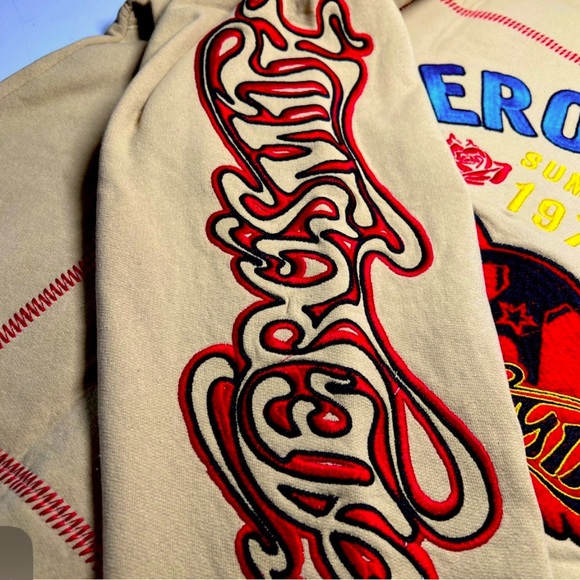 Aerosmith Crew Neck Sweatshirt Embroidered Logo Front Back Sleeve XXL Tan - Picture 2 of 6